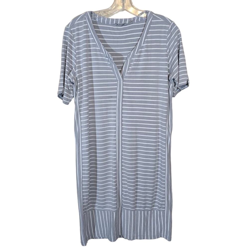 Athleta Women's Striped Split Neck T-Shirt Dress Stretch Gray White Size Medium